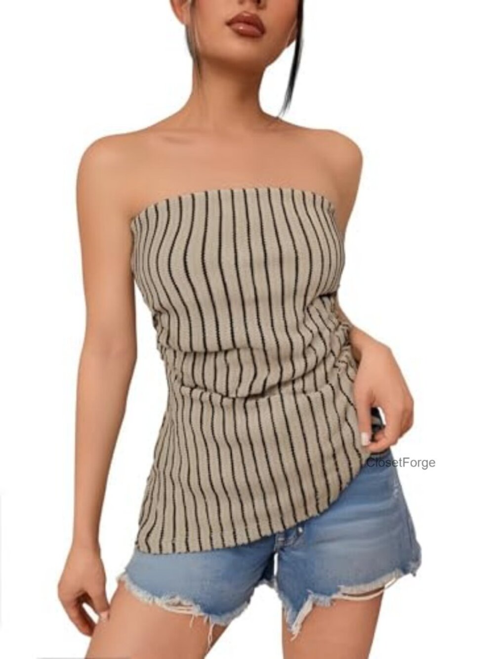 Slim Fit Ruched Bandeau Tube Top Strapless Asymmetrical Women's